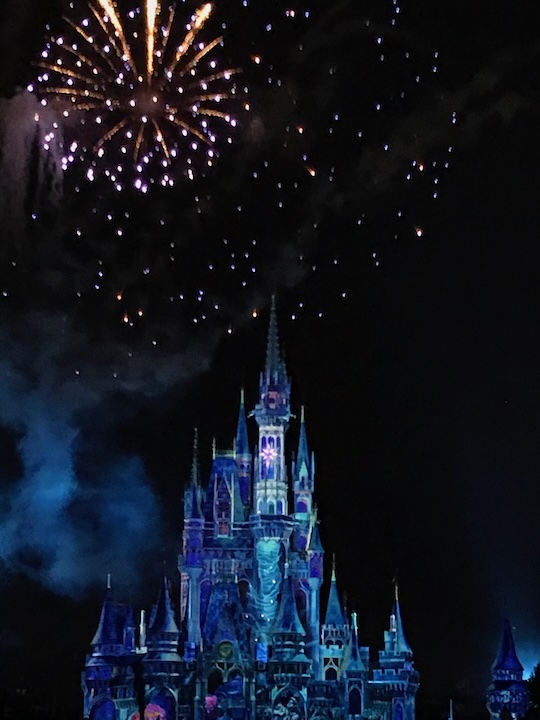 Cinderella's castle at night with fireworks in Magic Kingdom at Walt Disney World